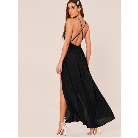 Deep V Backless High Leg Slit Maxi Dress in Black - Picture 3 of 9